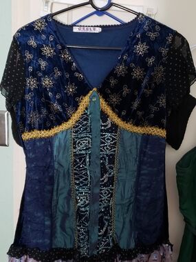 Vintage Y2k Navy and Teal Velvet Embellished Women’s Top